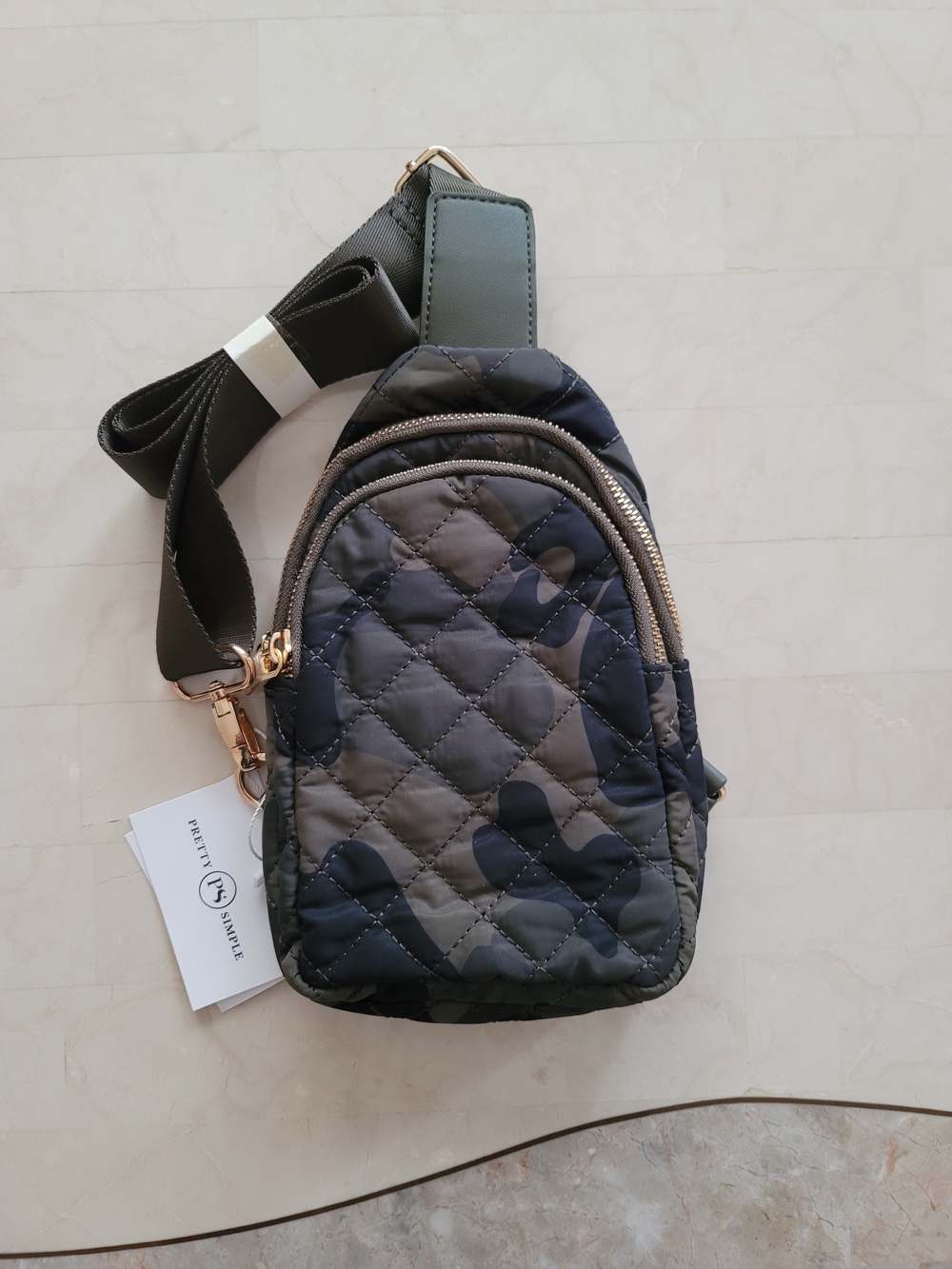 NWT Pretty Simple Sisters Collection Quilted Camouflage Sling Bag - Olive Green